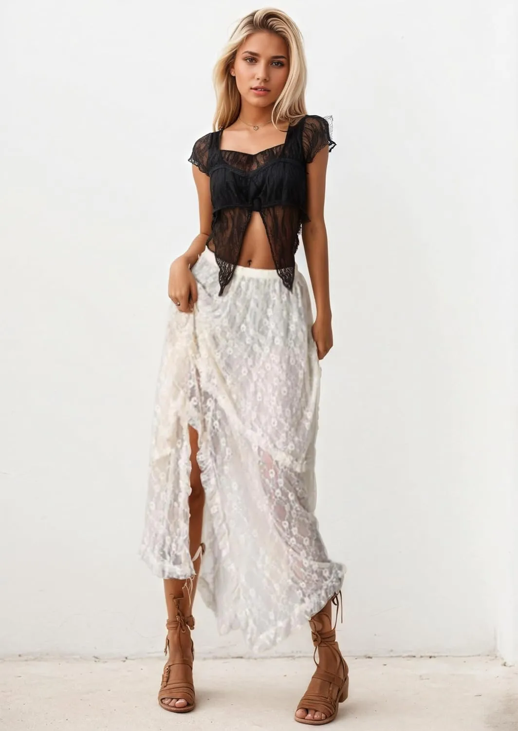 Women Irregular Side Skirt Lace Ruffle Skirt Pleated Long Skirt Low Waisted Y2K Maxi Skirts Casual Mini Skirt