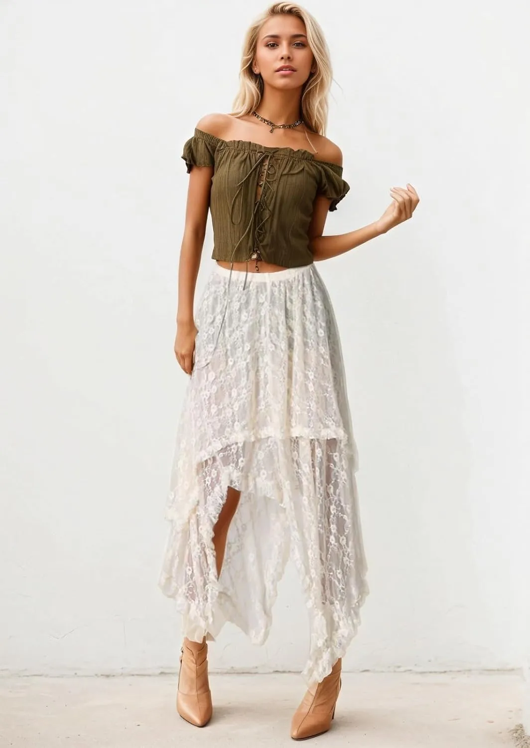 Women Irregular Side Skirt Lace Ruffle Skirt Pleated Long Skirt Low Waisted Y2K Maxi Skirts Casual Mini Skirt