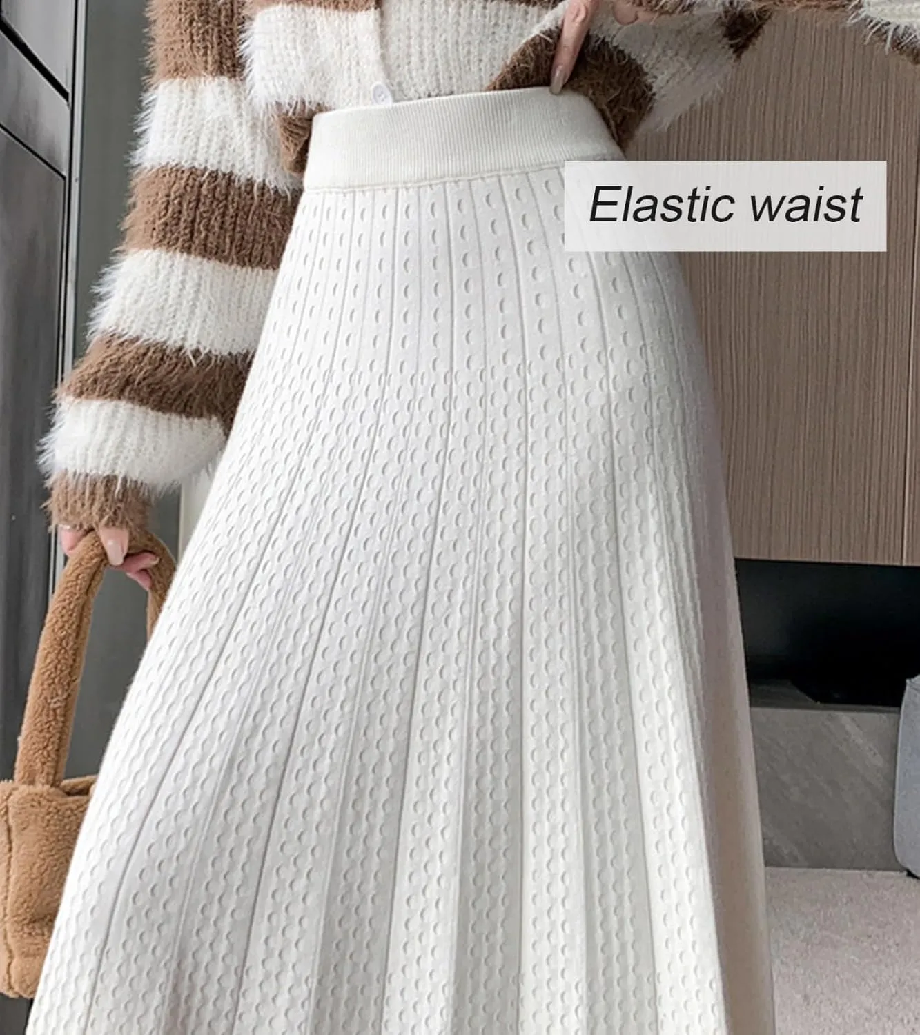 Women Knit Skirt Girl A-Line Pleated Midi Skirt Casual Fall Winter Elastic High Waisted Long Skirt