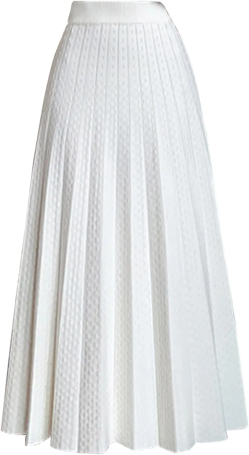 Women Knit Skirt Girl A-Line Pleated Midi Skirt Casual Fall Winter Elastic High Waisted Long Skirt