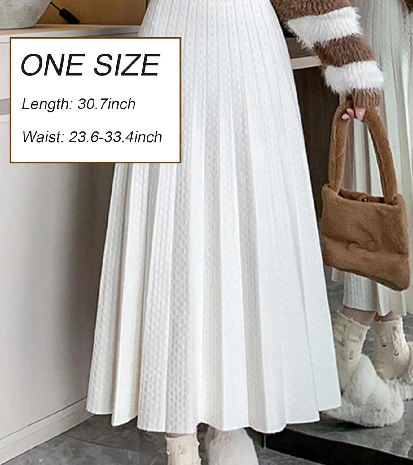 Women Knit Skirt Girl A-Line Pleated Midi Skirt Casual Fall Winter Elastic High Waisted Long Skirt