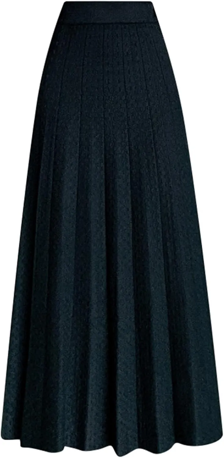 Women Knit Skirt Girl A-Line Pleated Midi Skirt Casual Fall Winter Elastic High Waisted Long Skirt