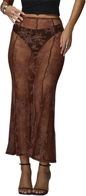 Women Lace Maxi Skirts Full Slips Slim Fitted See Through Sheer Mesh Skirts Floral Lace Long Skirt Botttoms