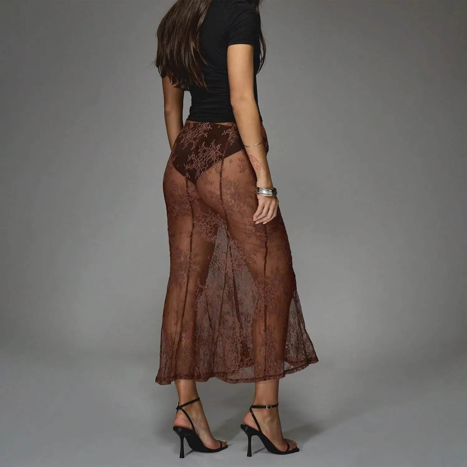 Women Lace Maxi Skirts Full Slips Slim Fitted See Through Sheer Mesh Skirts Floral Lace Long Skirt Botttoms