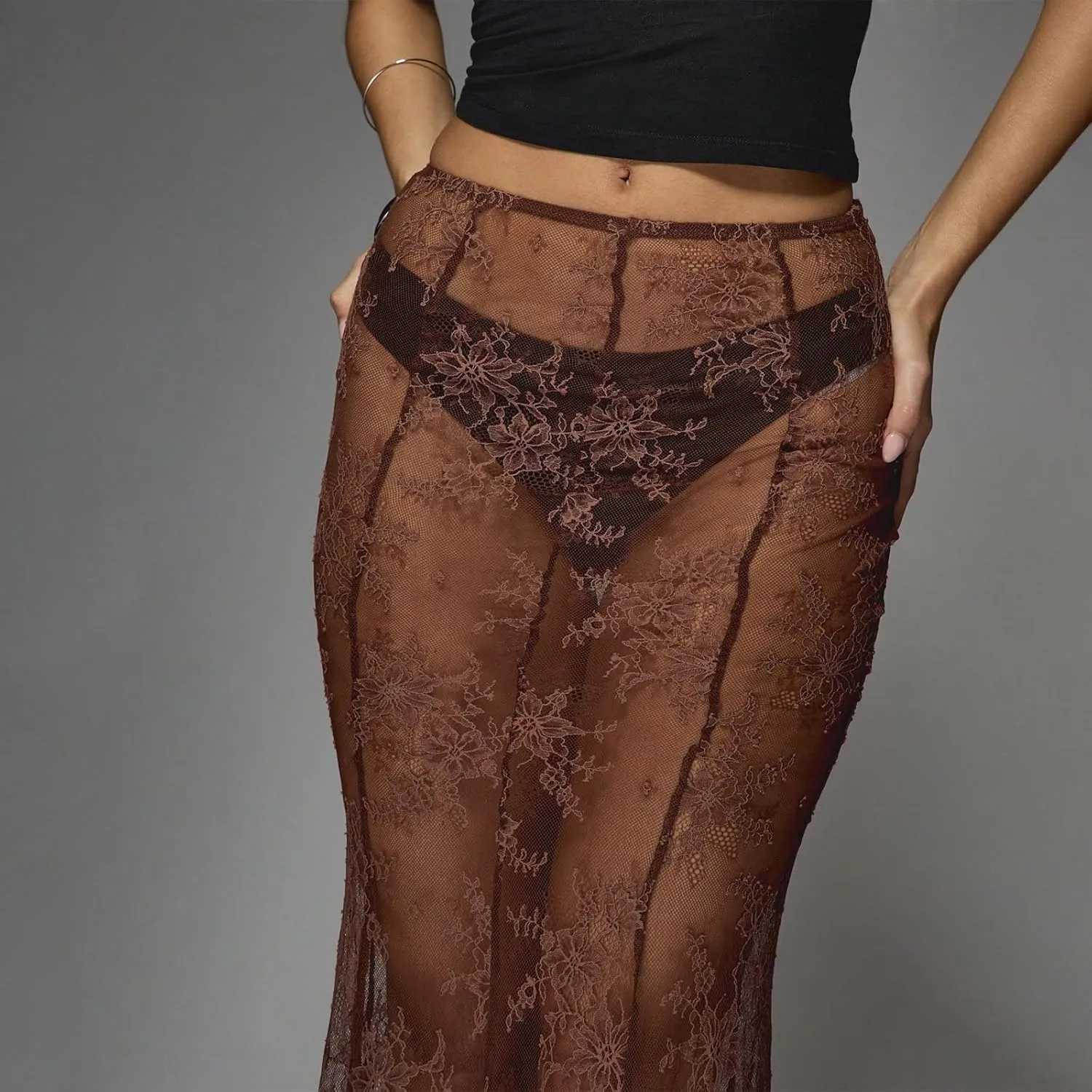 Women Lace Maxi Skirts Full Slips Slim Fitted See Through Sheer Mesh Skirts Floral Lace Long Skirt Botttoms