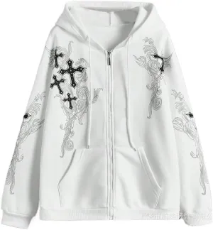 Women Men Y2K Zip Up Oversized Hoodie Gothic cross Graphic Emo Grunge Baggy Fleece Jacket 90s Punk Streetwear