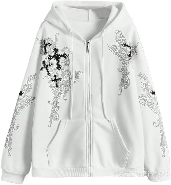 Women Men Y2K Zip Up Oversized Hoodie Gothic cross Graphic Emo Grunge Baggy Fleece Jacket 90s Punk Streetwear