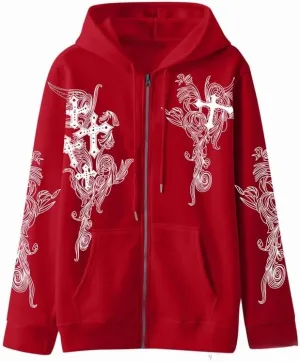 Women Men Y2K Zip Up Oversized Hoodie Gothic cross Graphic Emo Grunge Baggy Fleece Jacket 90s Punk Streetwear