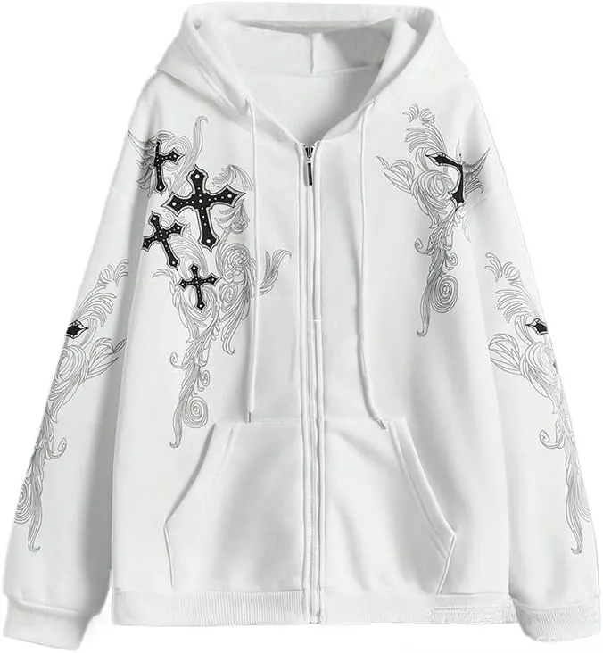 Women Men Y2K Zip Up Oversized Hoodie Gothic cross Graphic Emo Grunge Baggy Fleece Jacket 90s Punk Streetwear