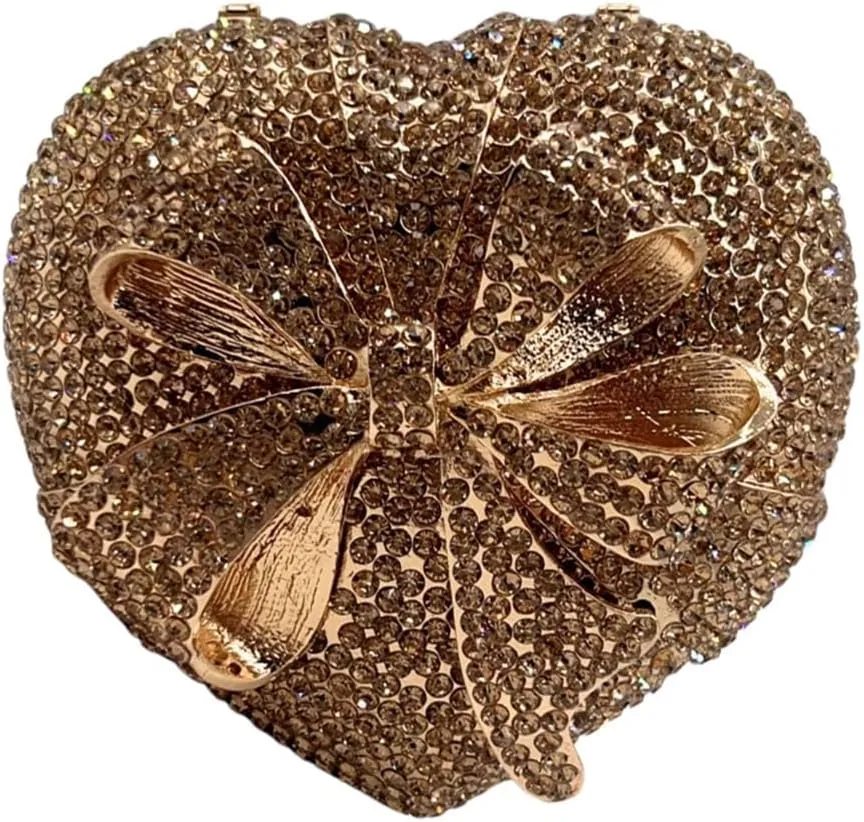 Women Romantic Gift Box Clutch Purse Crystal Heart Evening Bag with Bowknot Handbag for Christmas Valentine's Day