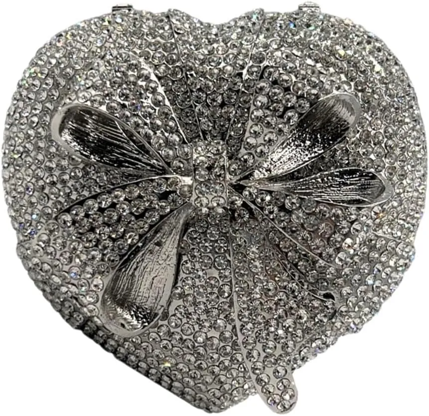Women Romantic Gift Box Clutch Purse Crystal Heart Evening Bag with Bowknot Handbag for Christmas Valentine's Day