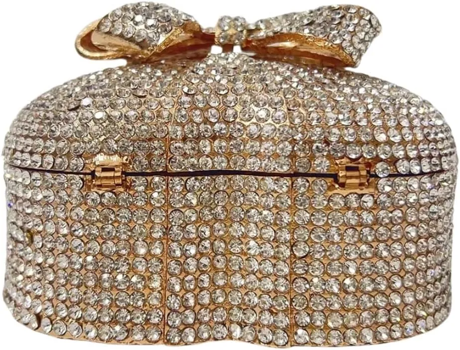 Women Romantic Gift Box Clutch Purse Crystal Heart Evening Bag with Bowknot Handbag for Christmas Valentine's Day