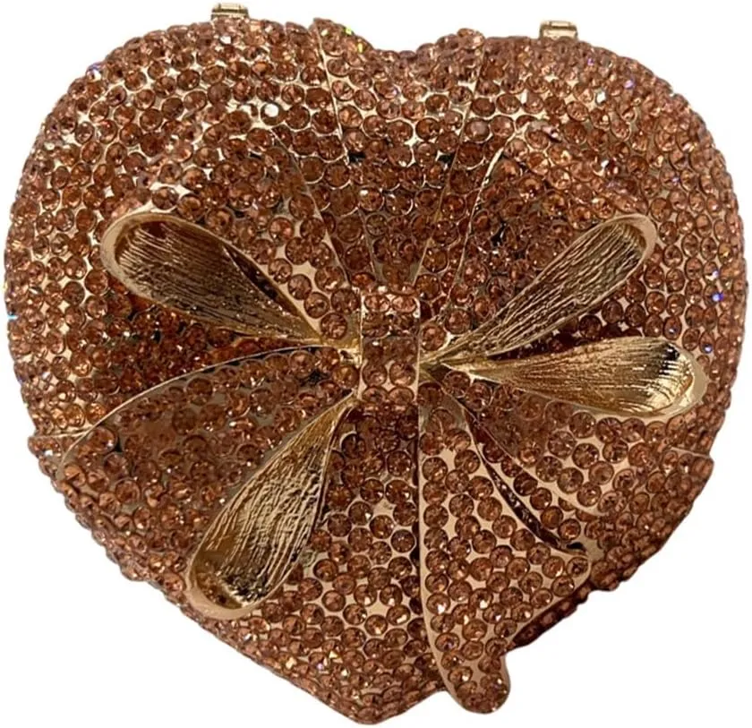 Women Romantic Gift Box Clutch Purse Crystal Heart Evening Bag with Bowknot Handbag for Christmas Valentine's Day