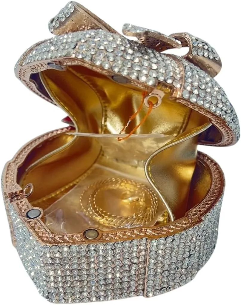 Women Romantic Gift Box Clutch Purse Crystal Heart Evening Bag with Bowknot Handbag for Christmas Valentine's Day