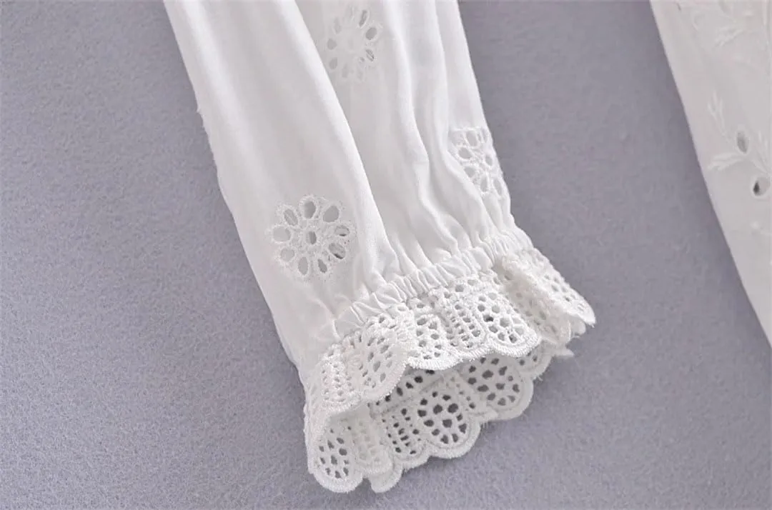 Women Romantic Puff Sleeve Embroidery Floral Elastic Ruched Low Waist Ruffles Hem Mini Dress