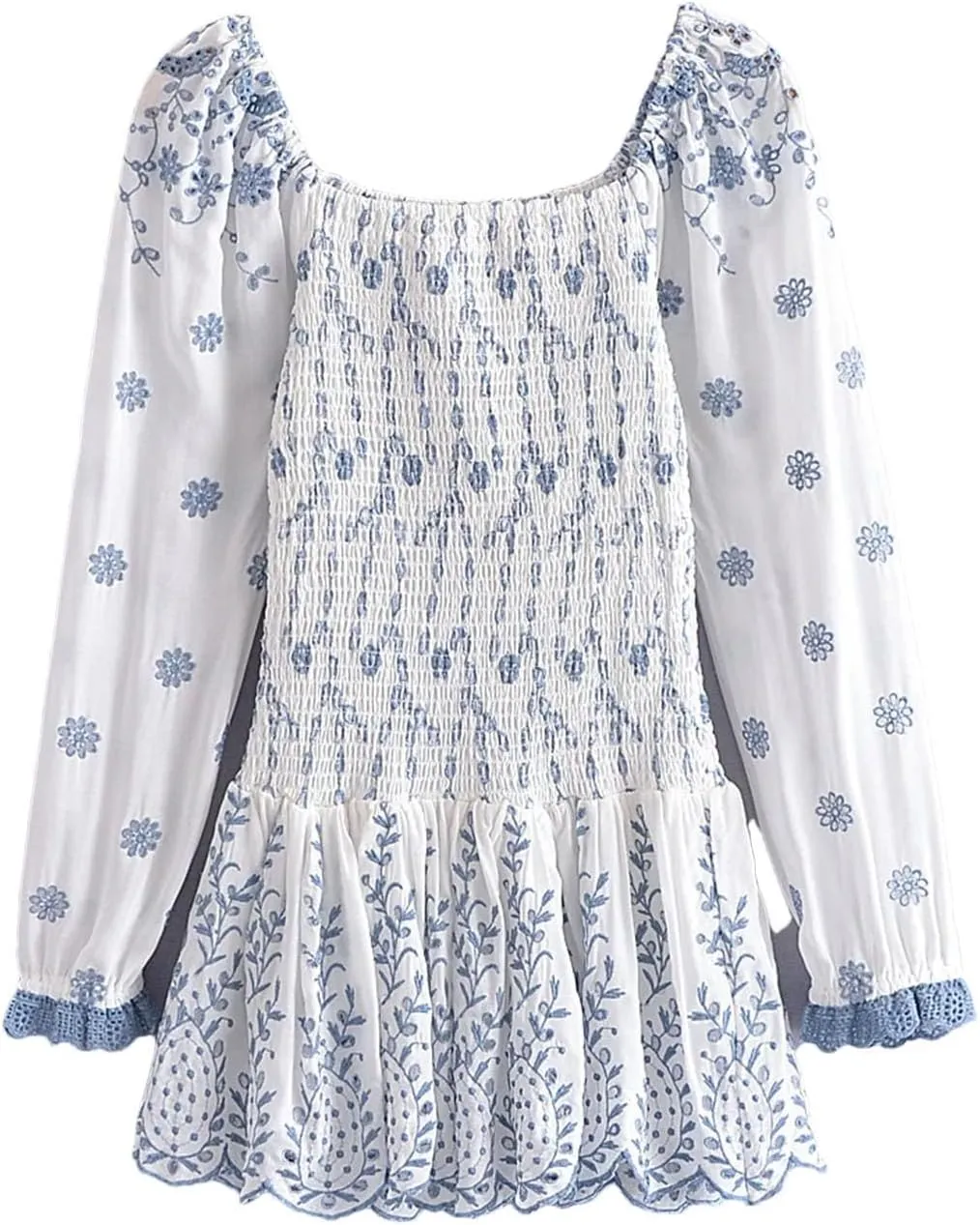 Women Romantic Puff Sleeve Embroidery Floral Elastic Ruched Low Waist Ruffles Hem Mini Dress