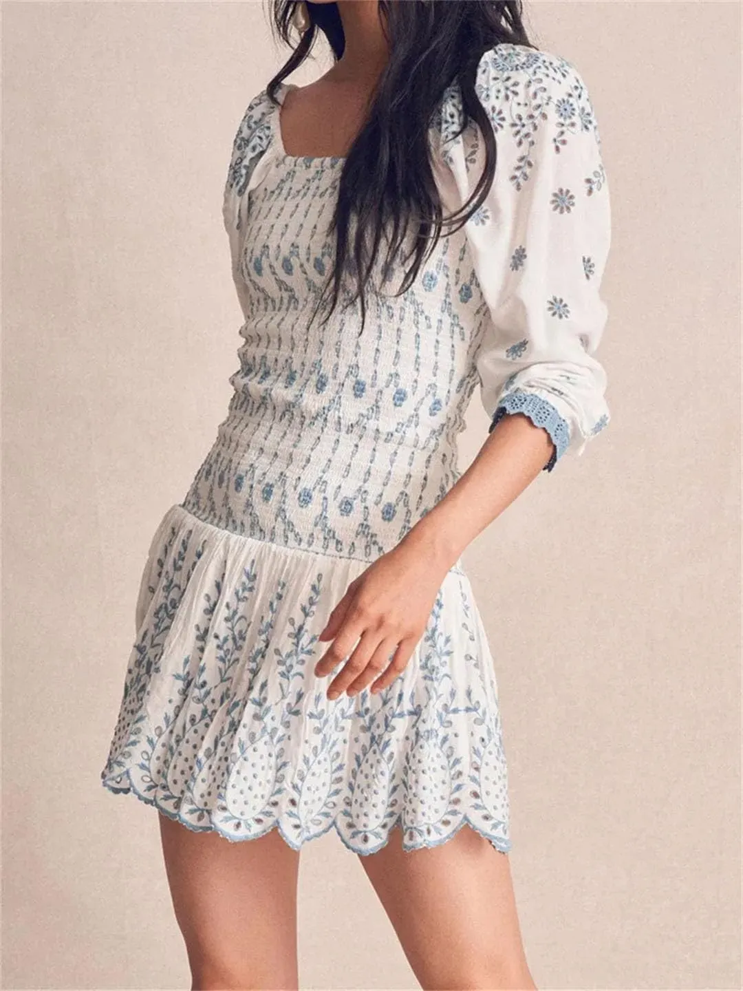 Women Romantic Puff Sleeve Embroidery Floral Elastic Ruched Low Waist Ruffles Hem Mini Dress