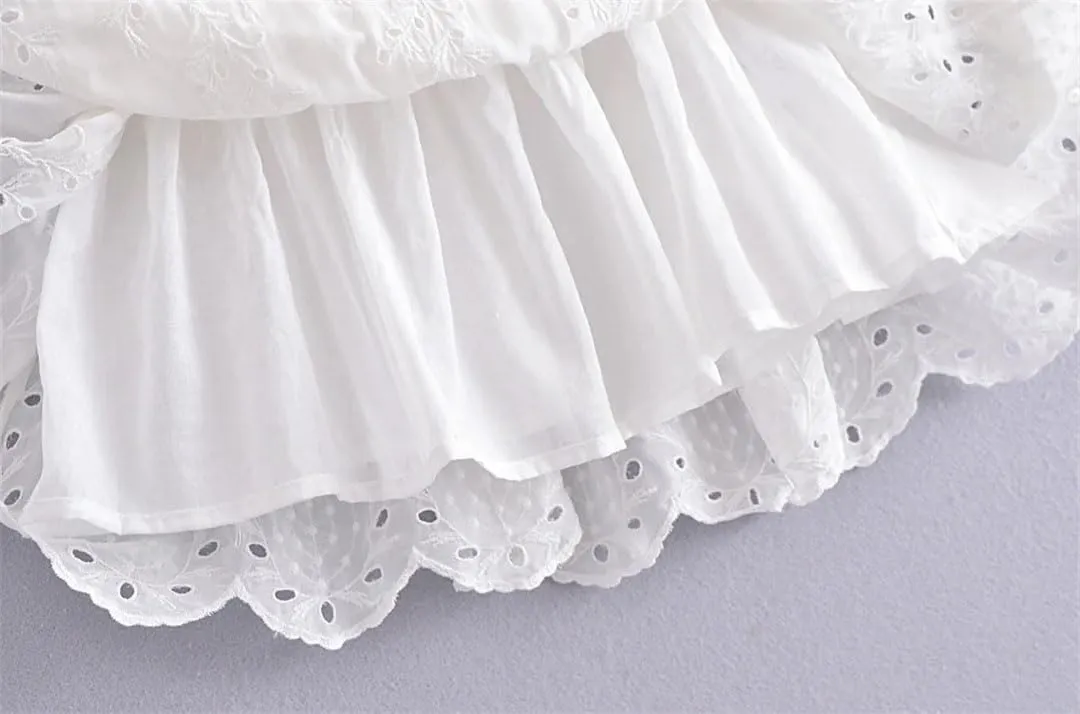 Women Romantic Puff Sleeve Embroidery Floral Elastic Ruched Low Waist Ruffles Hem Mini Dress