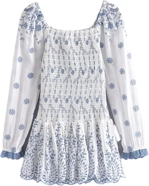 Women Romantic Puff Sleeve Embroidery Floral Elastic Ruched Low Waist Ruffles Hem Mini Dress