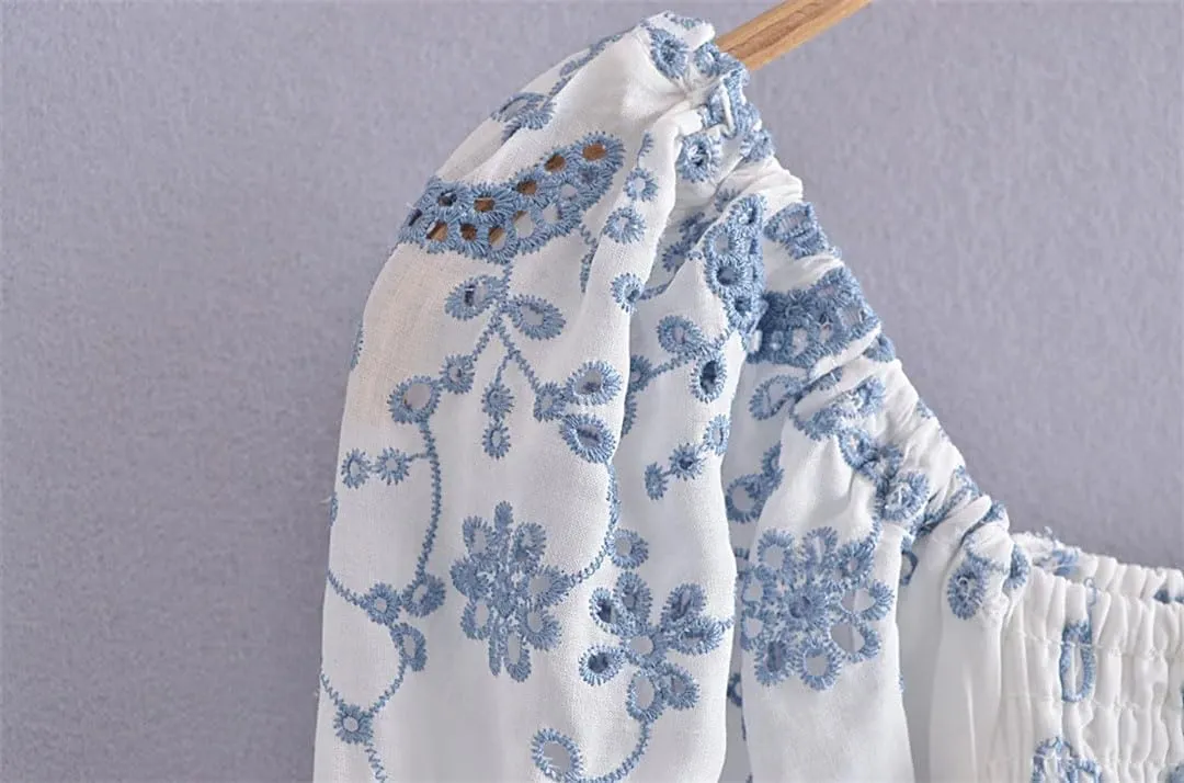 Women Romantic Puff Sleeve Embroidery Floral Elastic Ruched Low Waist Ruffles Hem Mini Dress