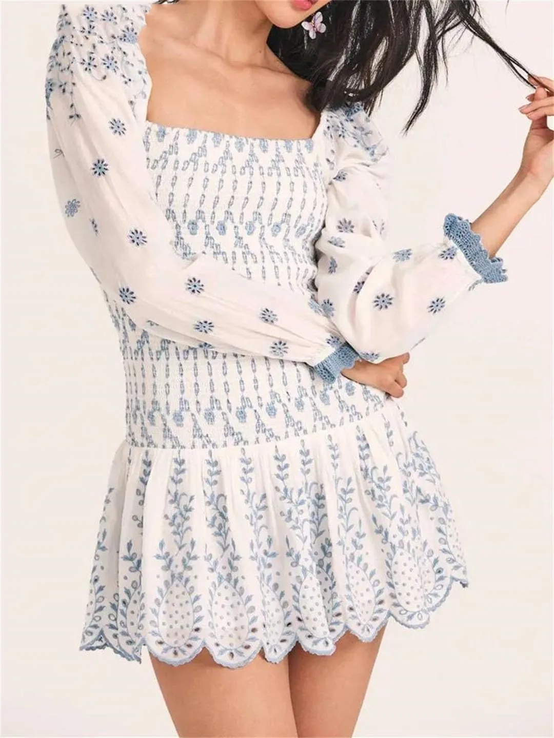 Women Romantic Puff Sleeve Embroidery Floral Elastic Ruched Low Waist Ruffles Hem Mini Dress