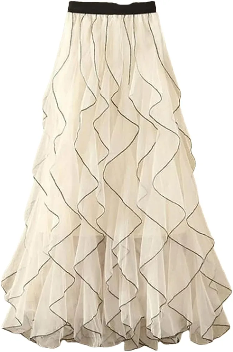 Women Solid Irregular Long Elastic High Waist Mesh Skirts Ruffles Midi Long Pleated Tutu Skirt
