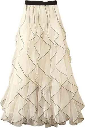 Women Solid Irregular Long Elastic High Waist Mesh Skirts Ruffles Midi Long Pleated Tutu Skirt