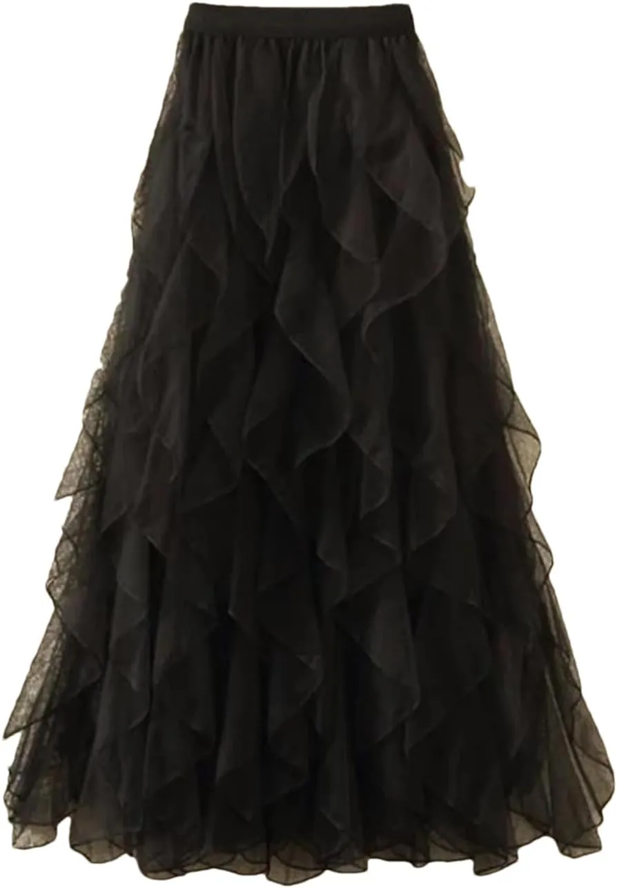 Women Solid Irregular Long Elastic High Waist Mesh Skirts Ruffles Midi Long Pleated Tutu Skirt