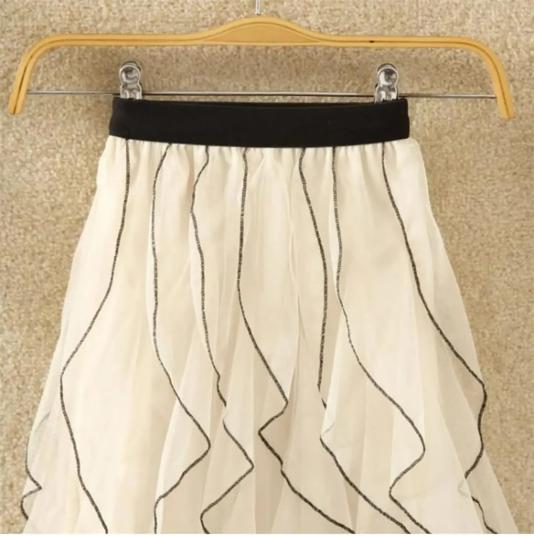 Women Solid Irregular Long Elastic High Waist Mesh Skirts Ruffles Midi Long Pleated Tutu Skirt