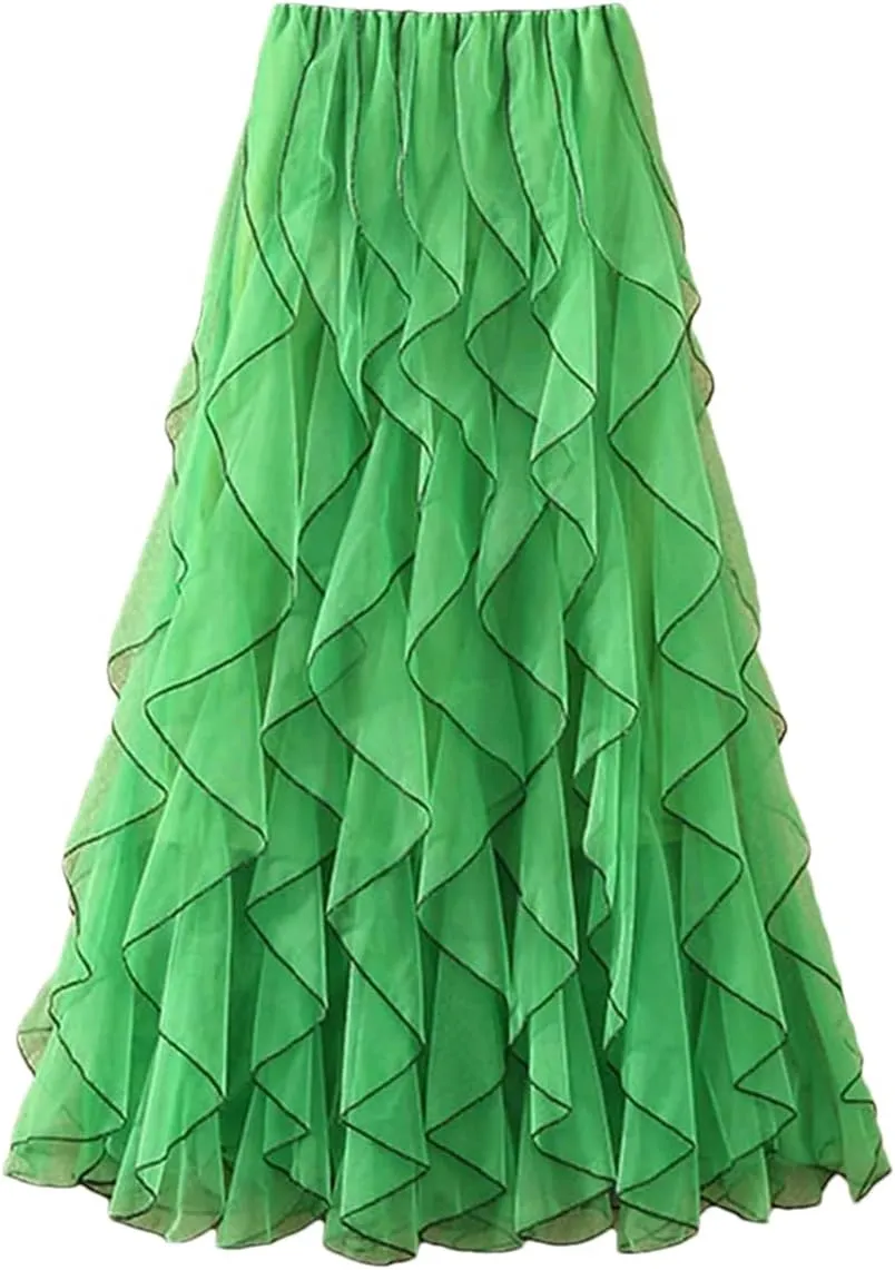 Women Solid Irregular Long Elastic High Waist Mesh Skirts Ruffles Midi Long Pleated Tutu Skirt