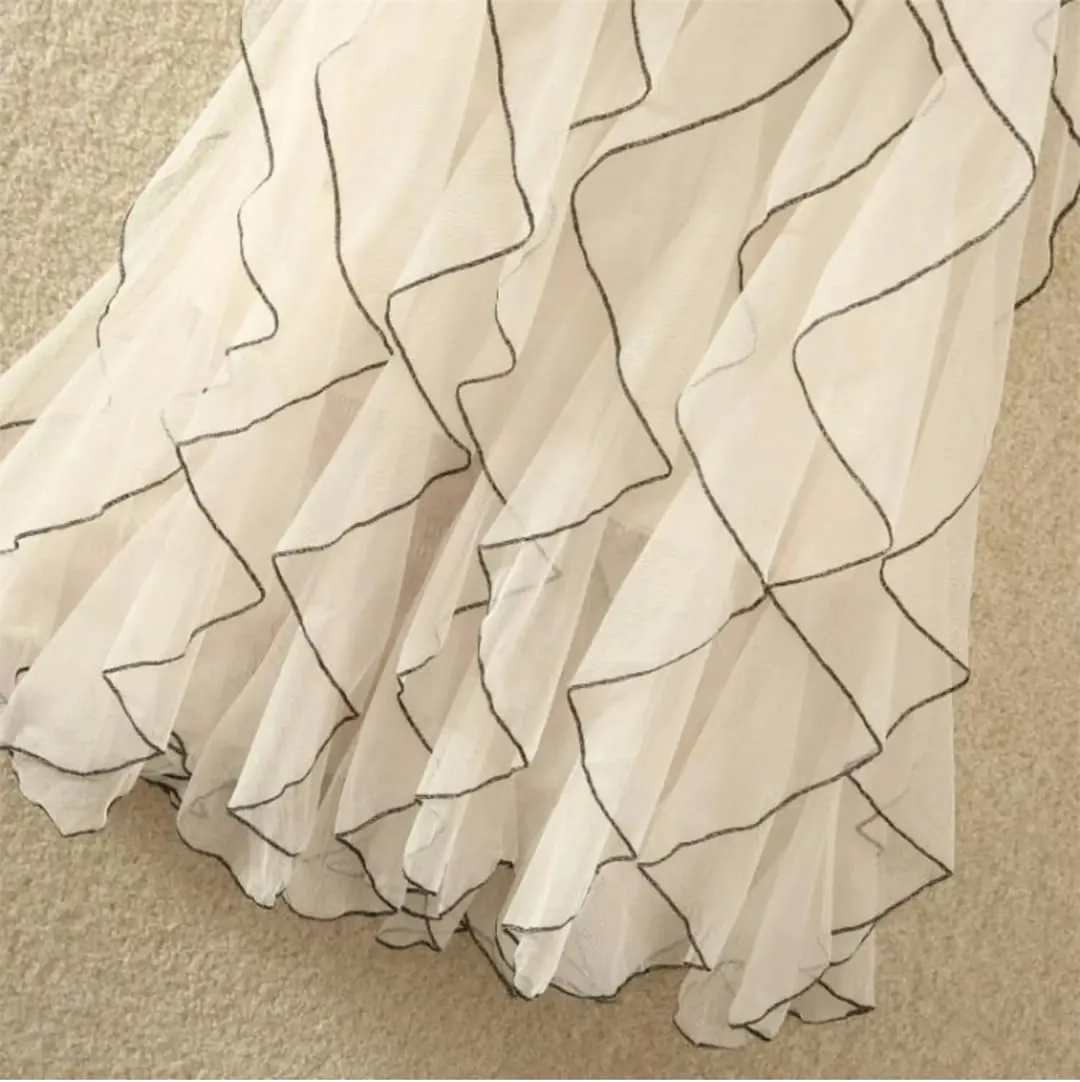 Women Solid Irregular Long Elastic High Waist Mesh Skirts Ruffles Midi Long Pleated Tutu Skirt