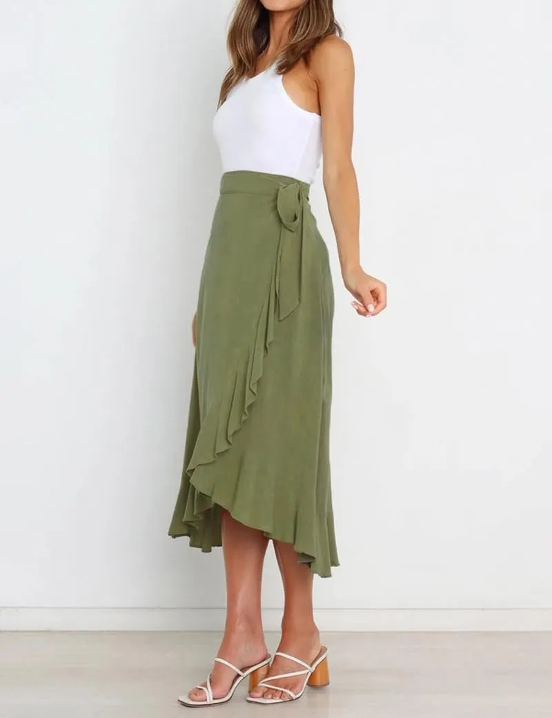 Women Summer High Waist Wrap Ruffled Side Slit Adjustable Waistband Midi Skirt
