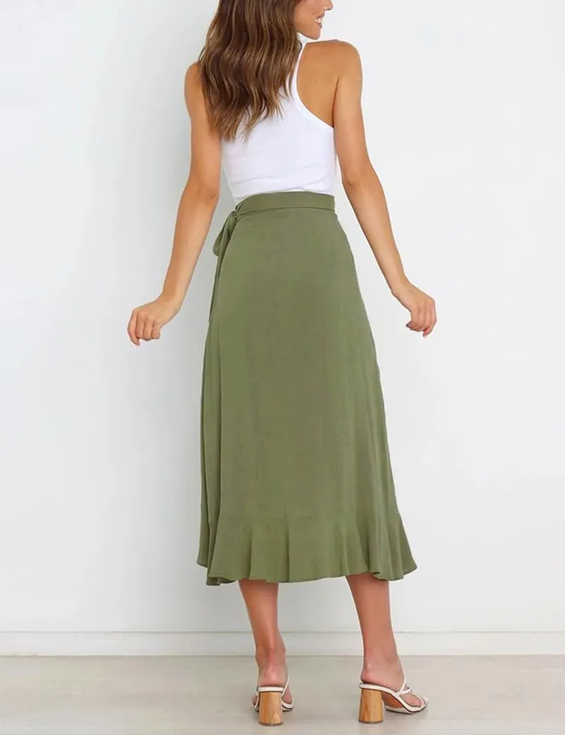 Women Summer High Waist Wrap Ruffled Side Slit Adjustable Waistband Midi Skirt