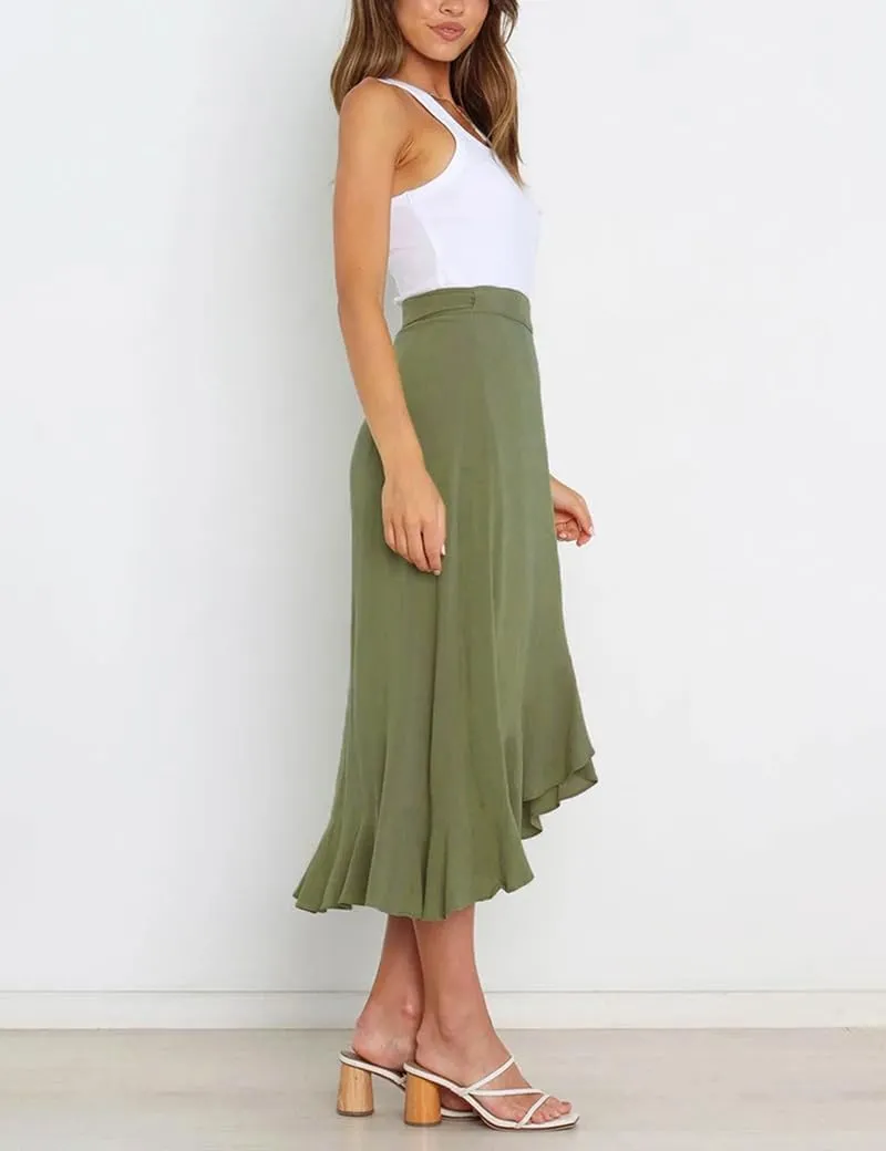 Women Summer High Waist Wrap Ruffled Side Slit Adjustable Waistband Midi Skirt