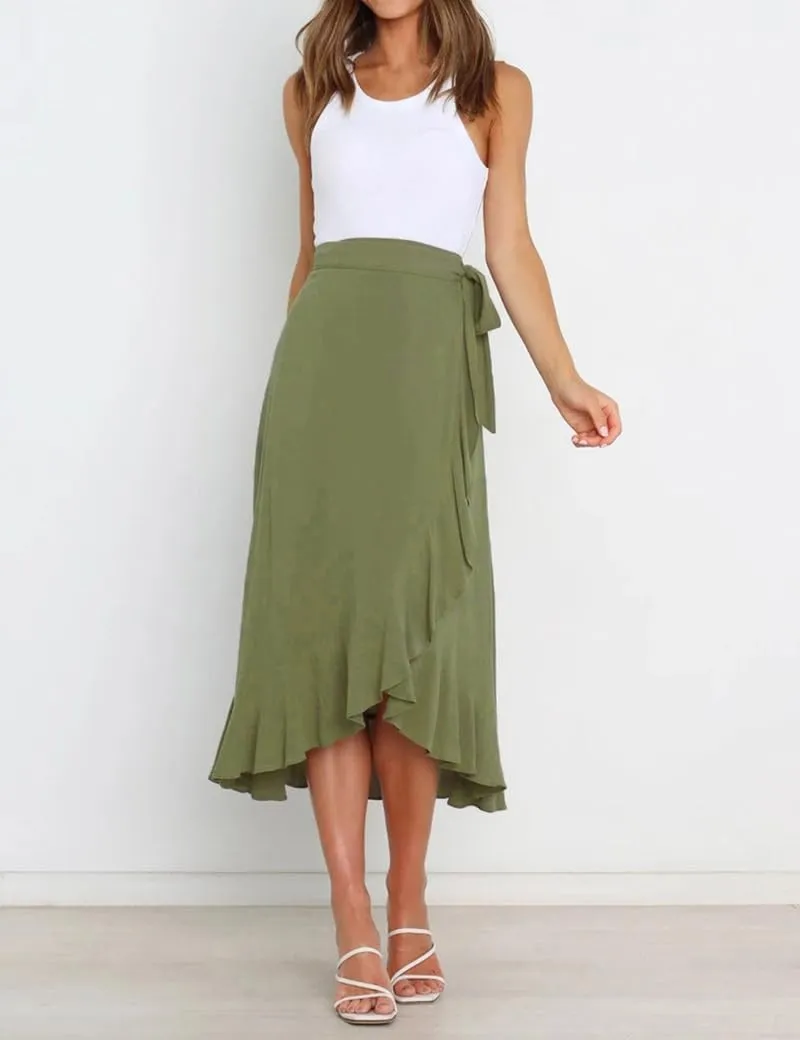 Women Summer High Waist Wrap Ruffled Side Slit Adjustable Waistband Midi Skirt