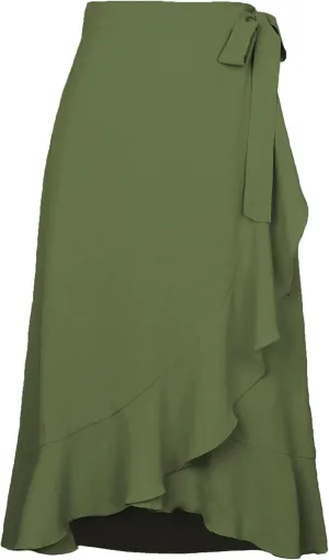 Women Summer High Waist Wrap Ruffled Side Slit Adjustable Waistband Midi Skirt