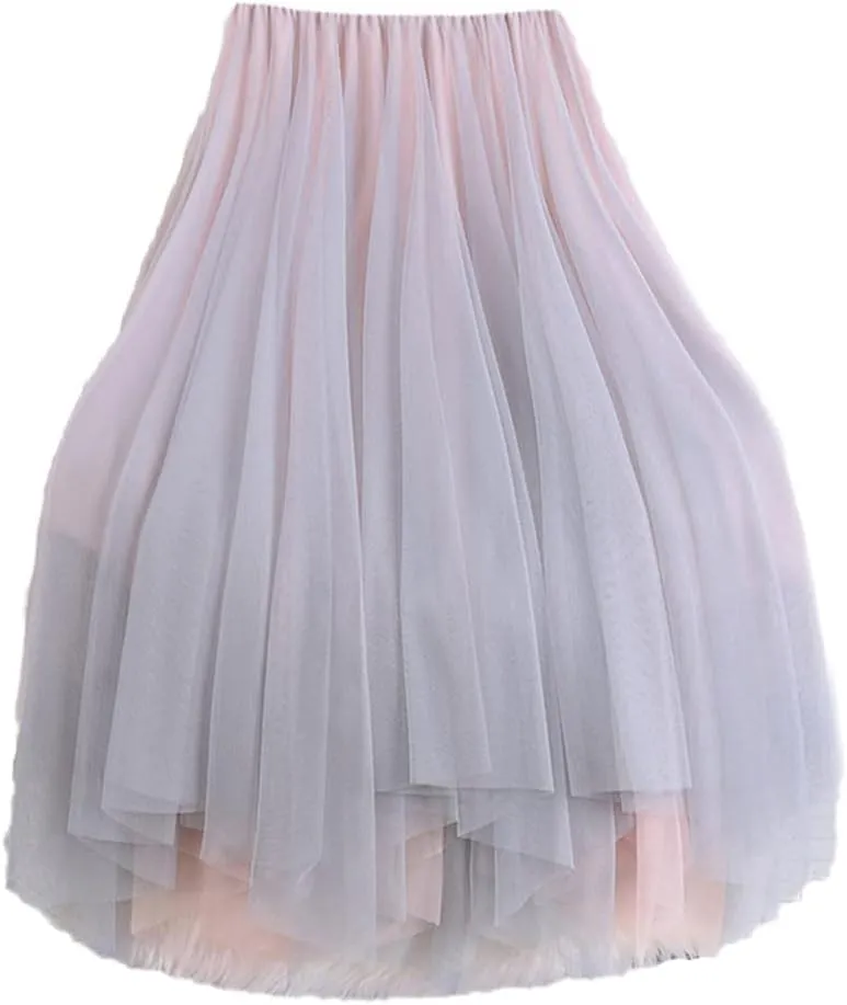 Women Tutu Midi Mesh Skirts, Bridesmaids Hit Color Irregular Dance Pleated Skirt, Girls Black Pink Skirt