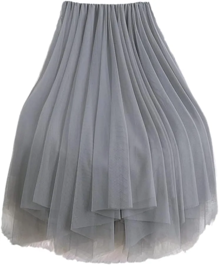 Women Tutu Midi Mesh Skirts, Bridesmaids Hit Color Irregular Dance Pleated Skirt, Girls Black Pink Skirt