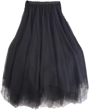 Women Tutu Midi Mesh Skirts, Bridesmaids Hit Color Irregular Dance Pleated Skirt, Girls Black Pink Skirt