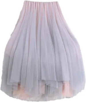 Women Tutu Midi Mesh Skirts, Bridesmaids Hit Color Irregular Dance Pleated Skirt, Girls Black Pink Skirt