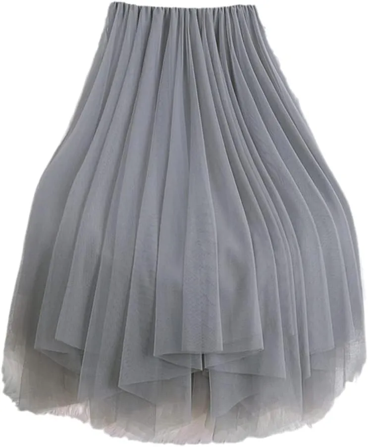 Women Tutu Midi Mesh Skirts, Bridesmaids Hit Color Irregular Dance Pleated Skirt, Girls Black Pink Skirt