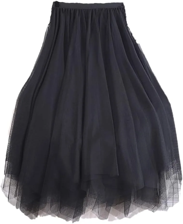 Women Tutu Midi Mesh Skirts, Bridesmaids Hit Color Irregular Dance Pleated Skirt, Girls Black Pink Skirt