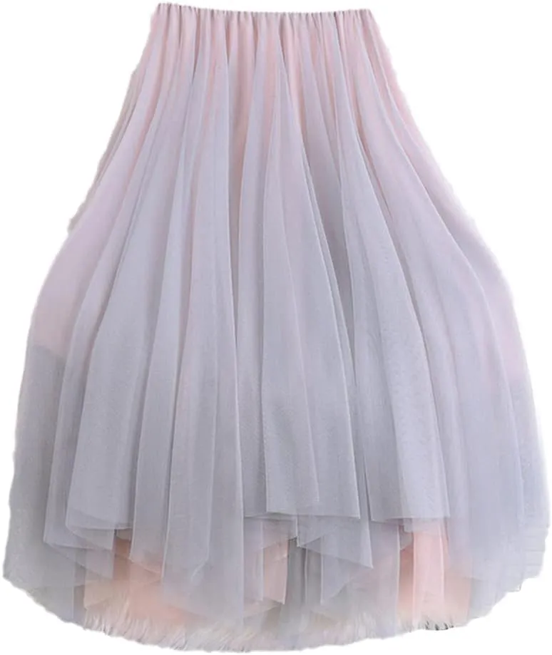 Women Tutu Midi Mesh Skirts, Bridesmaids Hit Color Irregular Dance Pleated Skirt, Girls Black Pink Skirt