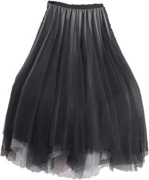 Women Tutu Midi Mesh Skirts, Bridesmaids Hit Color Irregular Dance Pleated Skirt, Girls Black Pink Skirt