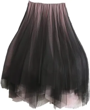 Women Tutu Midi Mesh Skirts, Bridesmaids Hit Color Irregular Dance Pleated Skirt, Girls Black Pink Skirt