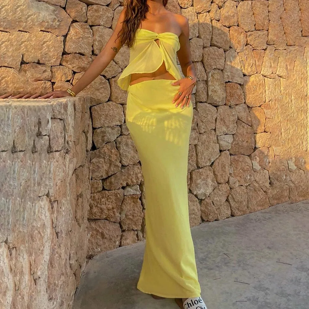 Women Y2K 2 Piece Maxi Skirt Set Strapless Crop Tube Top Ruffle Mesh Skirts Outfit Lace Trim Beach Outfit