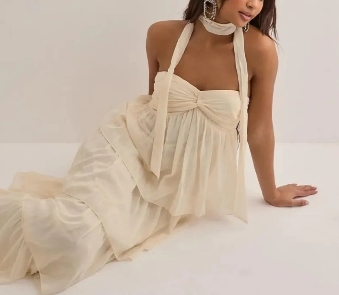 Women Y2K 2 Piece Maxi Skirt Set Strapless Crop Tube Top Ruffle Mesh Skirts Outfit Lace Trim Beach Outfit