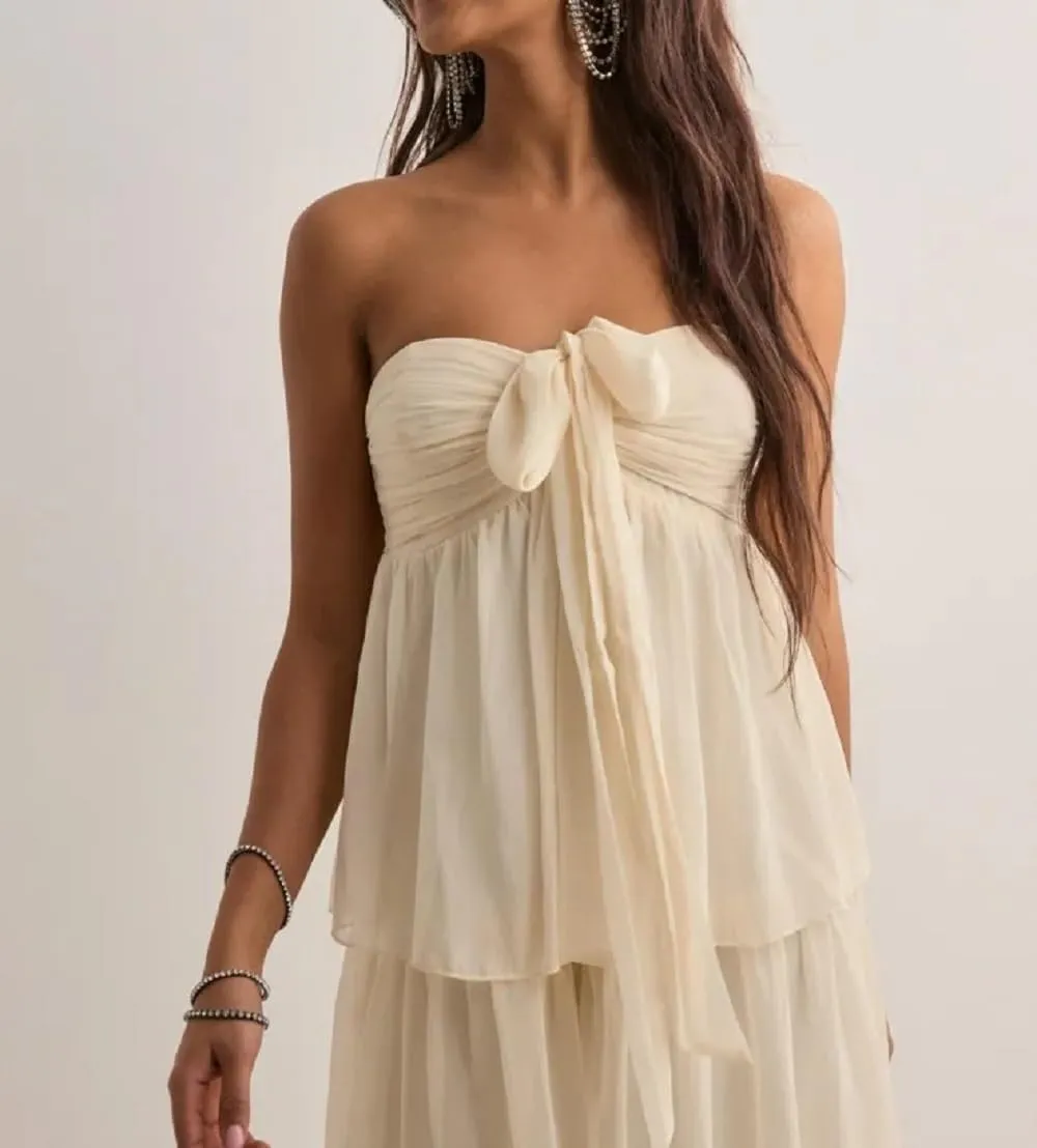 Women Y2K 2 Piece Maxi Skirt Set Strapless Crop Tube Top Ruffle Mesh Skirts Outfit Lace Trim Beach Outfit