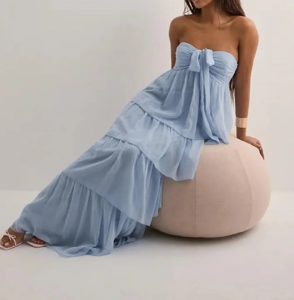 Women Y2K 2 Piece Maxi Skirt Set Strapless Crop Tube Top Ruffle Mesh Skirts Outfit Lace Trim Beach Outfit