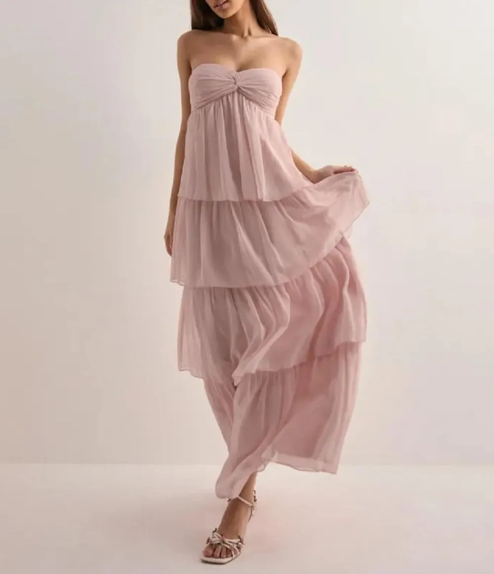 Women Y2K 2 Piece Maxi Skirt Set Strapless Crop Tube Top Ruffle Mesh Skirts Outfit Lace Trim Beach Outfit